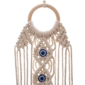 Tapiz de macramé tejido a mano con cuentas de ojo turco y borlas estilo boho - Estilo de Anillo de Madera / Blanco Roto Terminado