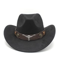 Close-up of black suede cowboy hat featuring a leather band and silver bull head ornament - Black