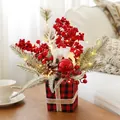 Christmas centerpiece with white reindeer, red berries, and LED lights in gift box base - Style A Red Black Plaid Base (With String Lights)