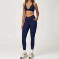 Dark blue high-waist yoga set with cross V-waistband and side pockets for sports - 2044 Bra + 2030-1 Pants - Midnight Blue