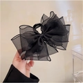 Grande pince à cheveux noire en dentelle de mesh multicouche avec nœud élégant - Dentelle Double Face Noire