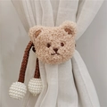 Light brown plush bear curtain tieback with white pearls and brown braided cord strap - Coffee Rope Milk Tea Bear