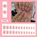 Detail of pink heart French tip press-on nails with gold lines set of 24 pieces - W959 Linked Hearts