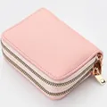 Tarjetero rosa de cuero con textura lichi y cremallera doble para mujer gran capacidad - Rosa