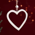 White wooden heart Christmas ornament with hemp rope and bead, size 7.5x7cm for holiday decor - Heart Style