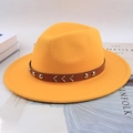 British style yellow wool felt fedora with brown studded leather band decoration - Flat Brim Rivet Wave Decor / Yellow