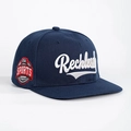 Detail showing Reckless embroidery and USA SPORTS patch on navy blue snapback cap - Adjustable / Navy Blue