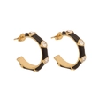 Golden C-shaped stainless steel earrings with black enamel finish and sparkling crystals - Diameter 2.5cm / Gold with Black Zircon