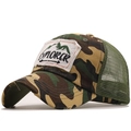 Detail of vintage camouflage trucker hat with embroidered Explorer patch and breathable mesh - 07 Camouflage