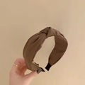 Deep brown twist headband with wide satin fabric design for a retro voluminous hair look - S56 Khaki Knot Style