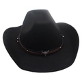 Black western felt cowboy hat featuring brown leather band with silver bull skull ornament - One Size / Black
