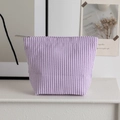 Portable seersucker cosmetic bag with purple and white stripes and silver zipper - Purple Striped