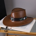 Donkerbruine leren cowboyhoed met bloemenborduurwerk en een metalen stierenkop accent - Volwassene (55-60cm) / Donkerbruin