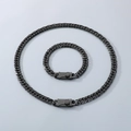 Polished black stainless steel Cuban link necklace and bracelet set with buckle clasp - Bracelet 21cm / 9mm Wide Beveled Double Weave Chain - Type B Buckle / Black