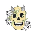 Broche de esmalte gótico con calavera con cuernos y lirios blancos en fondo blanco - Calavera Amarilla con Lirio