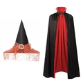 Set Halloween con mantello double-face rosso e nero e cappello da strega con pizzo arancio - Cappello in Garza Gialla + Set Mantello Collo Alto 80cm