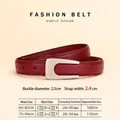 Deep red leather belt for women with a matte silver U-shaped buckle and size chart details - Silver Buckle Wine Red