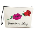 Canvas make-uptas voor Valentijnsdag met rode roos en lipmotief op crème basis - Roze Lippen Roos Stijl
