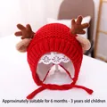 Red knit baby hat with reindeer antlers and earflaps, fits ages 6 months to 3 years - Red Deer - Lined