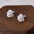 Silver flower stud earrings with white pearl center for a minimalist and elegant look - Rose Artificial Pearl Style (A337)