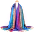 Detail of bohemian jacquard scarf featuring peacock feather patterns and colorful tassels - Peacock Royal Blue
