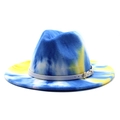 Britse stijl blauw en geel tie-dye wollen jazz fedora hoed met witte leren band - M (56-58cm) / Blauw Geel Tie Dye (#4)