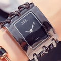 Detail of a women's quartz watch with black square dial and metal chain strap on wrist - Black Dial Black Strap Without Diamonds