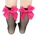 Close-up of black fishnet socks featuring large pink bows on a white background - One Size (Parent-Child) / Black Fishnet / Rose Red Bow