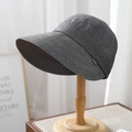Detail of wide-brim sun hat featuring dark gray fabric and stylish plaid lining detail - M (56-58cm) Adjustable / Gray