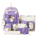 Purple and beige 5-piece nylon school backpack set with cute plush charms and badges - Without Bear Pendant / 2029 Purple
