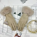 Winter thermal suede gloves in khaki with plush faux fur trim and cozy fleece lining - One Size / Beige