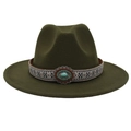 Détail du chapeau en feutre à bord large avec ruban ethnique et boucle turquoise - M (56-58cm) / Vert Militaire