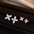 Silver flower stud earrings with clear zircon crystals in two sizes on black velvet - Silver Needle - Silver 4-Piece Set