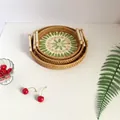 Three-piece nesting woven trays with leaf pattern and wooden handles for home storage - Green Grape / Three-Piece Set