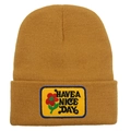 Detail of mustard yellow knit beanie featuring embroidered Have a Nice Day patch - Adult - Adjustable / Khaki