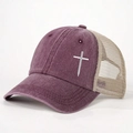Close-up of cross embroidery and mesh back on a vintage burgundy trucker hat - One Size / Burgundy