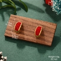 Macro detail of wine red festive earrings with gold metal accents and size dimensions - Vintage Red Textured C-Shape Earrings / Wine Red/Gold