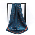Silky teal satin square scarf featuring orange polka dots and a contrasting border - Dot Navy Blue (SD90-09-3)