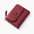 Short burgundy leather wallet for women with pebbled texture and gold zipper detail - Burgundy