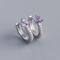 Luxurious S925 sterling silver hoop earrings featuring purple flower cubic zirconia and diamonds - 925 Silver / Platinum (Purple Stone)