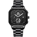 Men's square quartz watch with black dial, luminous hands and metal strap by POEDAGAR - 628 Black Case Silver Marker Steel Band (Functional Chronograph)