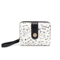 White Japanese-style short wallet with black cat pattern and golden snap closure - Black