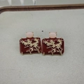 Chic burgundy enamel rectangular stud earrings with golden plum blossom and pink stone - Silver Earring Post - Red