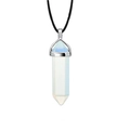 Detail view of hexagonal white opal crystal pendant with silver metal cap on black cord - Opalite