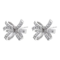 Detailed view of silver bow earrings with micro-paved cubic zirconia in ribbon design - Pave Zirconia Bow / VE1274 White Gold