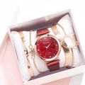 Close-up of a red flower dial watch with gold bracelets set in a white gift box - Red + Bracelet + Box