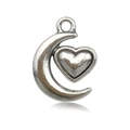 Silver crescent moon with heart pendant for DIY necklace and bracelet jewelry making - Moon Heart 13x18mm