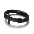 Modieuze herenarmband van zwart gevlochten leer met kruisbedel en magnetische sluiting - 21.5cm / Zwart