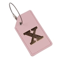 Pink PU leather luggage tag featuring a gold metal letter X with steel wire loop cable - Letter X