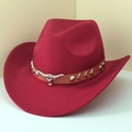 Dark red western cowboy fedora with brown leather band and silver bull head emblem - M (56-58cm) / Wine Red (Khaki Bull Head Band)